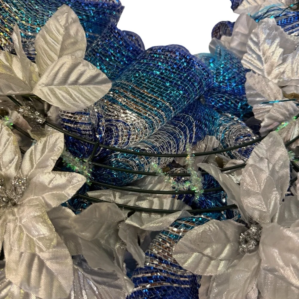 Handmade Blue & Silver Snowflake Deco Mesh Wreath Winter/Christmas Decor 22